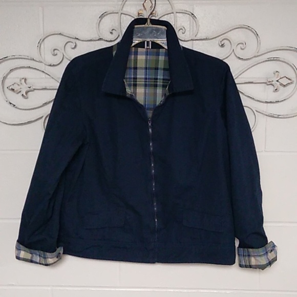 REVERSIBLE, PLAID TO NAVY, COLLARED, ZIP FRONT, JACKET - Picture 3 of 10